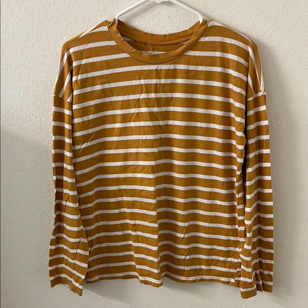 Women Mustard Yellow Striped Long Sleeve Tee Medium